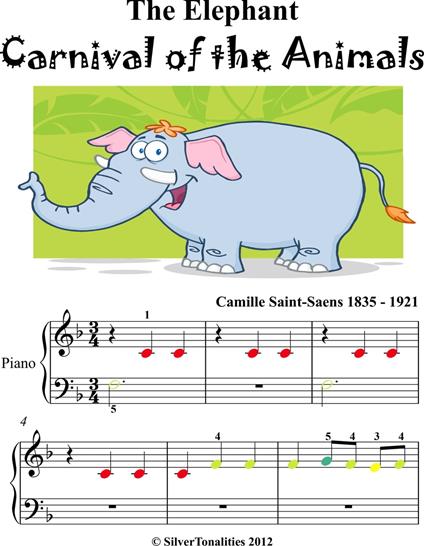 The Elephant Carnival of the Animals Beginner Piano Sheet Music with Colored Notes - Saint-Saens Camille - ebook
