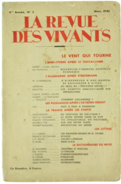 La Revue des Vivants - SiXIéme Année, N° 3 - Mars 1932: le Vent Qui Tourne - copertina