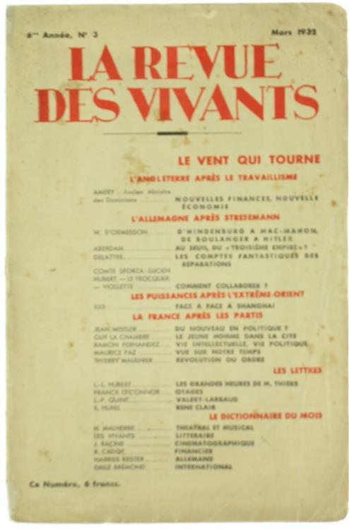 La Revue des Vivants - SiXIéme Année, N° 3 - Mars 1932: le Vent Qui Tourne - copertina