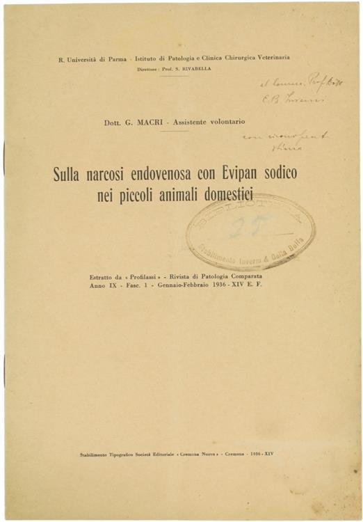 Sulla Narcosi Endovenosa Con Evipan Sodico Nei Piccoli Animali Domestici - G. Macri - copertina
