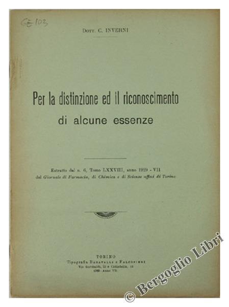 Per La Distinzione Ed Il Riconoscimento Di Alcune Essenze - C. Inverni - copertina