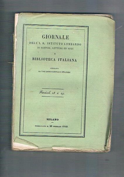 Giornale dell'I. R. Istituto lombardo di scienze, lettere ed arti e biblioteca italiana, composta da vari dotti nazionali e stranieri. Tomo X° fasc. 28-30 in due vol. Osservazioni tecniche sui tipi architettonici sui mezzi di conoscere la natura dei miasm - copertina