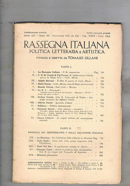 Rassegna italiana, mensile di politica letteraria e artistica. Annata completa del 1931 in 11 numeri (fascicolo doppio il n° di luglio-agosto) - copertina