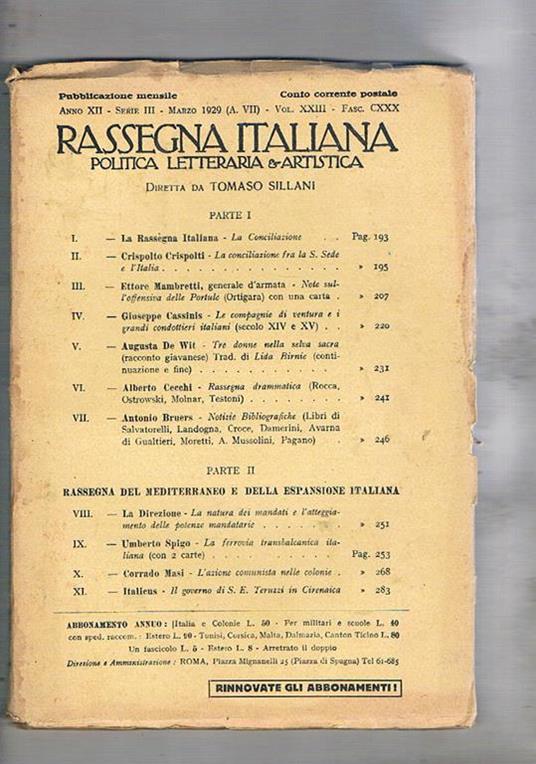 Rassegna italiana, mensile di politica letteraria e artistica. Anno 1929 mancante dei mesi gen. feb. ago - copertina