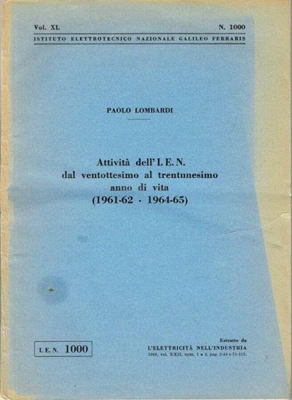 Attività dell'I. E. N. dal ventottesimo al trentunesimo anno di vita - Paolo Lombardi - copertina