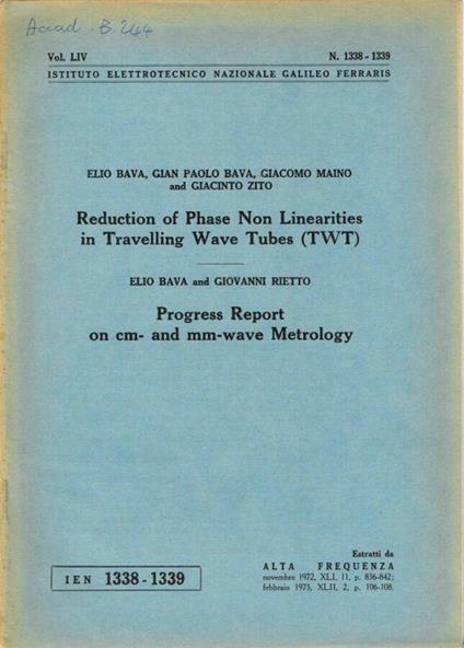 Reduction of Phase Non Linearities in Travelling Wave Tubes (TWT) - Progress Report on cm- and mm-wave Metrology - copertina