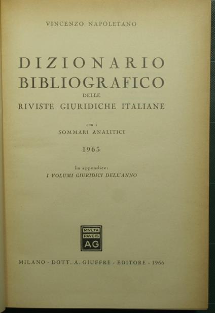 Dizionario bibliografico delle riviste giuridiche italiane con i sommari analitici - 1965 - copertina