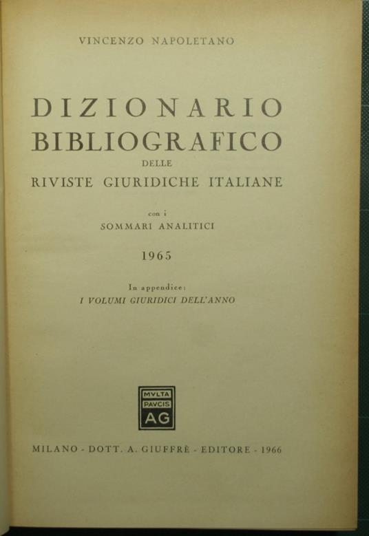 Dizionario bibliografico delle riviste giuridiche italiane con i sommari analitici - 1965 - copertina