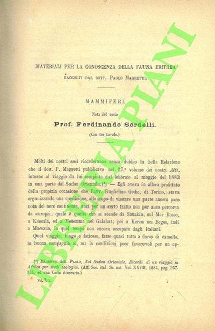 Materiali per la conoscenza della fauna eritrea raccolti dal Dott. Paolo Magretti. Mammiferi - copertina