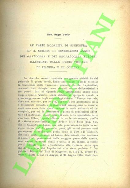 Le varie modalità di schiusura ed il numero di generazioni annue dei Grypocera e dei Rhopalocera europei illustrati dalle specie toscane di pianura e di collina - copertina