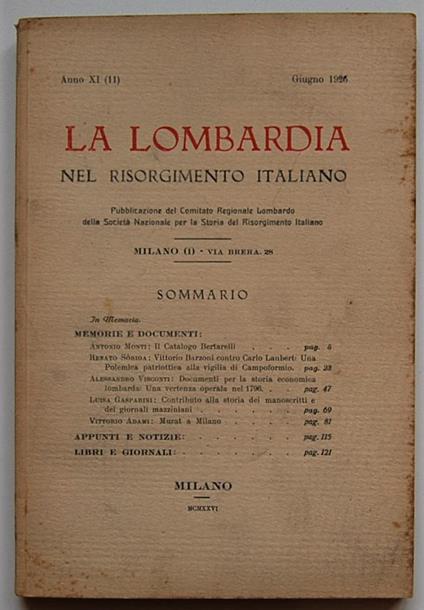 La Lombardia Nel Risorgimento Italiano. Anno Xi. Giugno 1926 - copertina