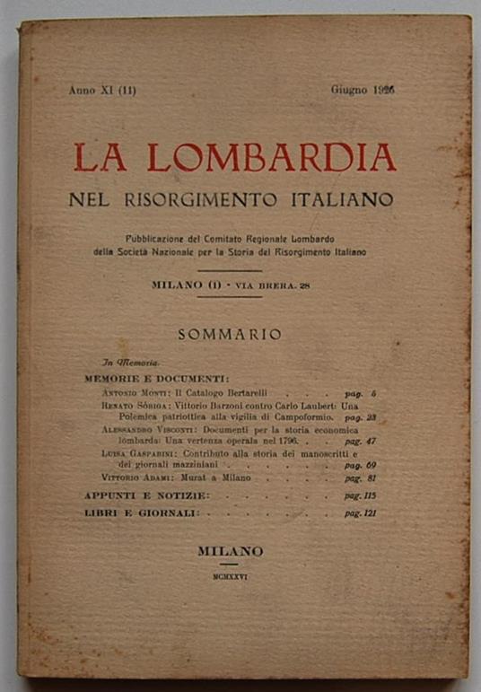 La Lombardia Nel Risorgimento Italiano. Anno Xi. Giugno 1926 - copertina