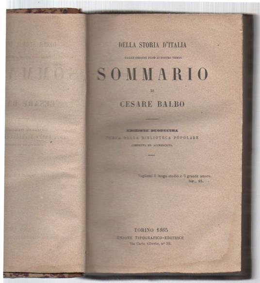 Della Storia D'italia -dalle Origini Fino Ai Nostri Tempi-sommario di Cesare Balbo - Cesare Balbo - copertina