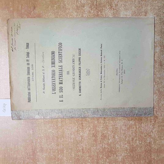 L' OSSERVATORIO XIMENIANO E IL SUO MATERIALE SCIENTIFICO geodinamica 1910 ALFANI - Guido Alfani - copertina
