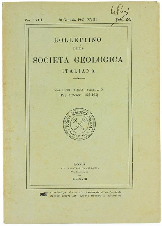 BOLLETTINO DELLA SOCIETA' GEOLOGICA ITALIANA. Volume LVIII - 1939. Fasc. 2-3 - copertina