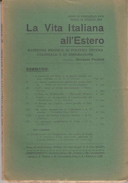 La Vita Italiana all'Estero Anno III Fascicolo XXIX Roma, 15 Maggio 1915 - copertina