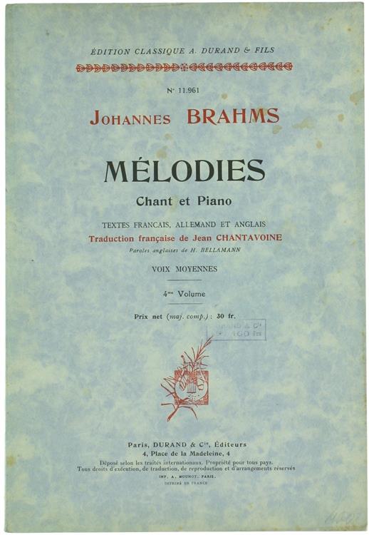 Melodies Chant Et Piano. Textes Français, Allemand Et Anglais. Voix Moyennes. 4Me Volume - Johannes Brahms - copertina