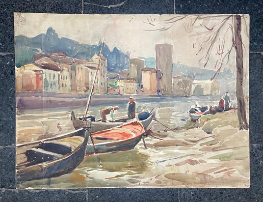 Veduta con barche dalla riva dell'Arno, a Firenze - copertina