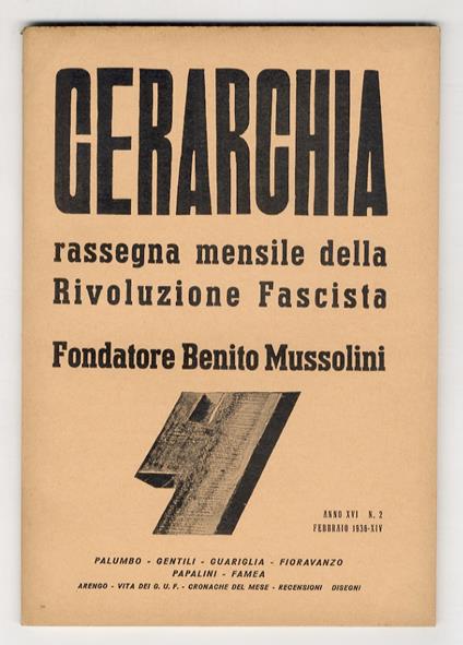 GERARCHIA. Rassegna mensile della rivoluzione fascista. fondatore: Benito Mussolini. Anno XVI. 1936; numero 2, febbraio 1936 - copertina