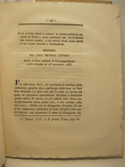 Sulle diverse specie e varieta' di cotoni coltivate nel Regno di Napoli colle istruzioni pel coltivamento del cotone siamese e le notizie sulle altre specie di cui puossi provare l'introduzione - Michele Tenore - copertina