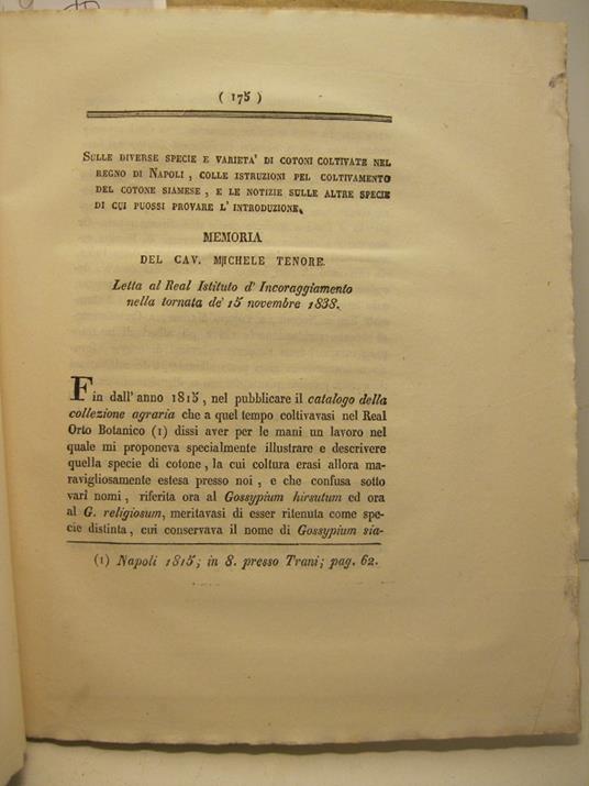 Sulle diverse specie e varieta' di cotoni coltivate nel Regno di Napoli colle istruzioni pel coltivamento del cotone siamese e le notizie sulle altre specie di cui puossi provare l'introduzione - Michele Tenore - copertina