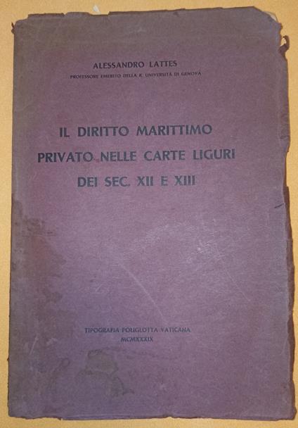 Il diritto marittimo privato nelle carte liguri dei sec. XII e XIII - copertina
