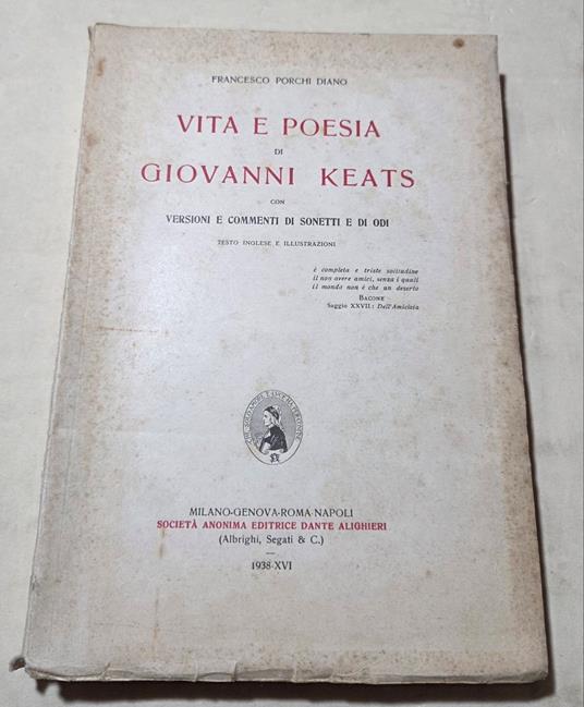 Vita e poesia di Giovanni Keats - Con versioni e commenti di sonetti e di odi - Francesco Porchi Diano - copertina