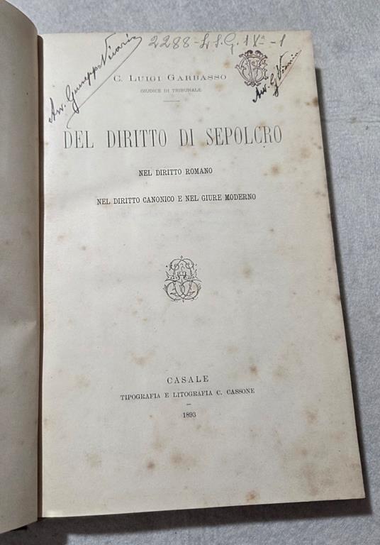 Del Diritto di Sepolcro nel Diritto Romano - Nel Diritto Canonico e nel Giure Moderno - copertina