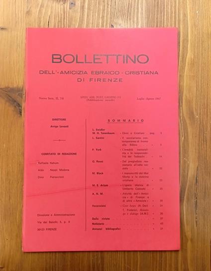 Bollettino dell'Amicizia ebraico-cristiana di Firenze - Nuova Serie, II, 7-8, luglio-agosto 1967 - Arrigo Levasti - copertina