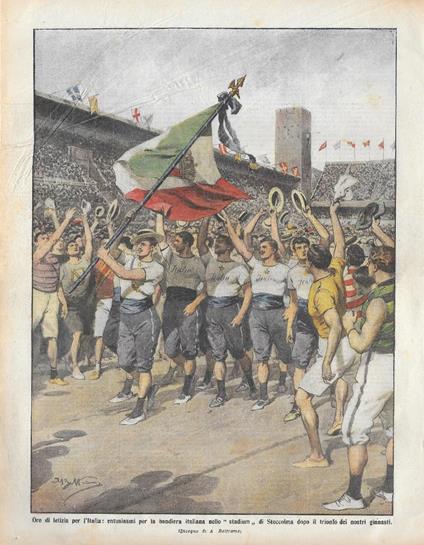 Domenica del Corriere 21-28/7/1912. Ginnasti italiani Olimpiadi di Stoccolma. Beltrame - copertina