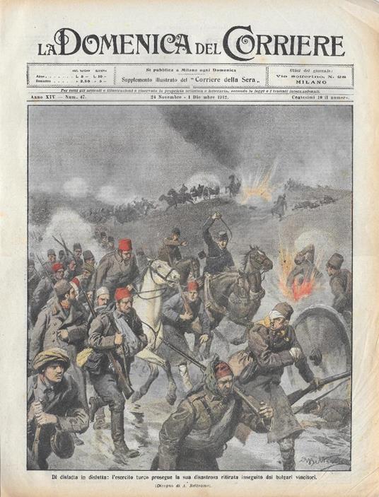Domenica del Corriere 1/12/1912. La disfatta dell'esercito turco. Beltrame - copertina