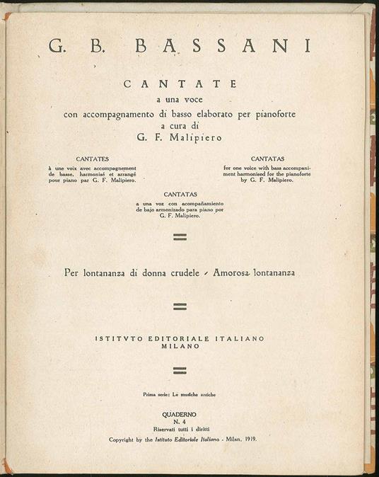 Cantate a una voce con accompagnamento di basso elaborato per pianoforte a Cura Di G.F. Malipiero - copertina