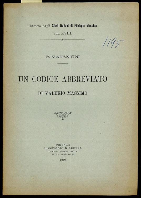Un codice abbreviato di Valerio Massimo - copertina
