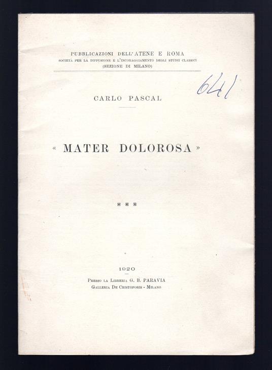 Mater dolorosa - Alla memoria di Alberto Pascal - Carlo Pascal - copertina