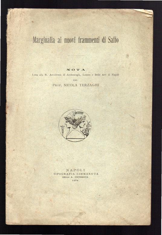 Marginalia ai nuovi frammenti di Saffo - Nicola Terzaghi - copertina