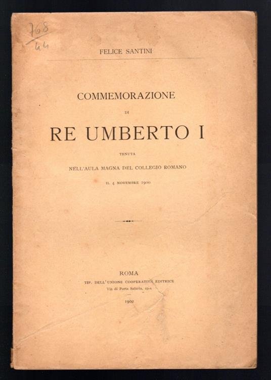 Commemorazione di Re Umberto I tenuta nell'Aula Magna del Collegio Romano il 4 novembre 1900 - copertina