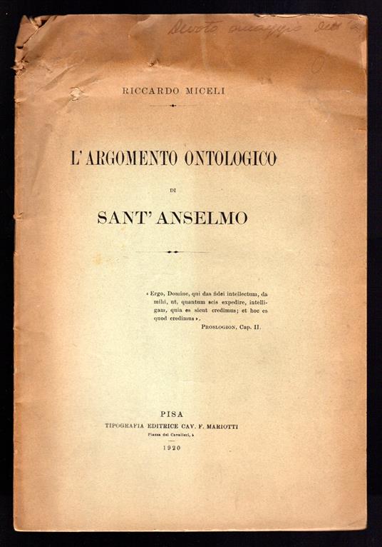 L'argomento ontologico di Sant'Anselmo - copertina
