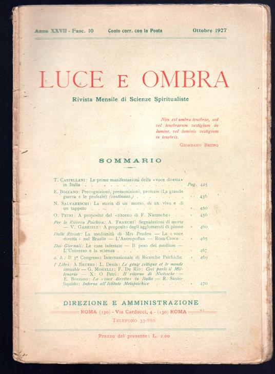 Luce e ombra. Rivista mensile di scienze spiritualiste - Autori Vari - copertina