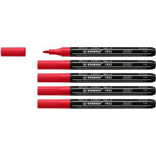 Marker acrilico - STABILO FREE Acrylic - T100 Punta rotonda 1-2mm - Confezione da 5 - Carminio