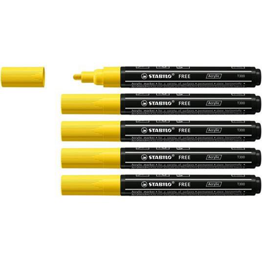 Marker acrilico - STABILO FREE Acrylic - T300 Punta rotonda 2-3mm - Confezione da 5 - Giallo