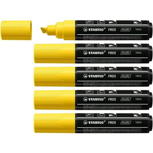 Marker acrilico - STABILO FREE Acrylic - T800C Punta a scalpello 4-10mm - Confezione da 5 - Giallo