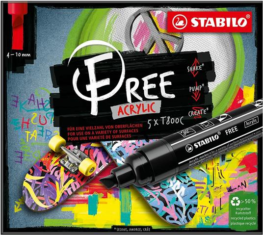 Marker acrilico - STABILO FREE Acrylic - T800C Punta a scalpello 4-10mm - Confezione da 5 - Verde chiaro - 6
