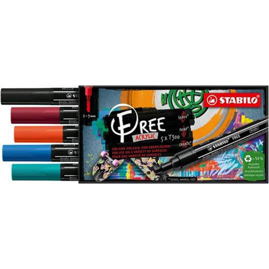 Marker acrilico- STABILO FREE Acrylic - T300 Punta rotonda 2-3mm - Urban Edition - Astuccio da 5 - Colori assortiti