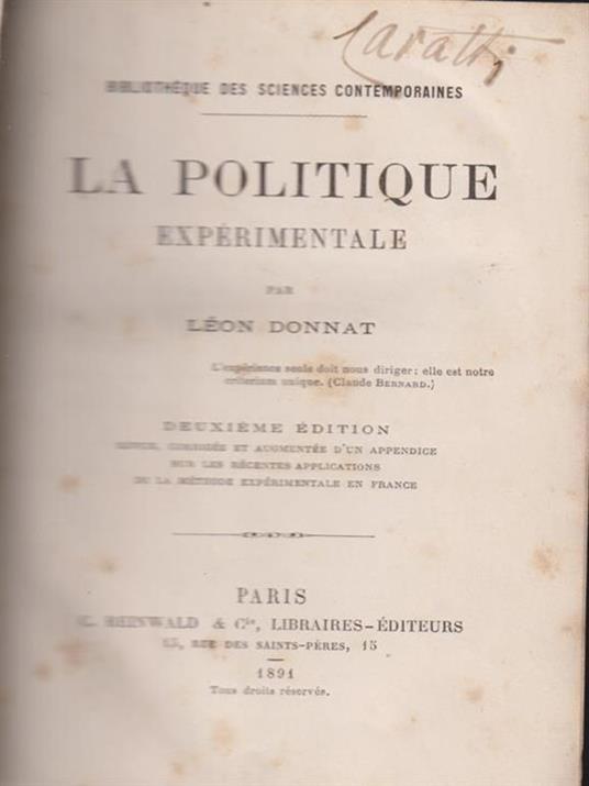 La politique experimentale - Leon Donnat - copertina