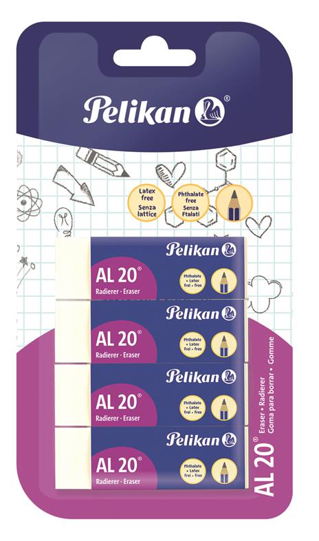 Gomma Pelikan al20 bianca per matita. Confezione da 4 pezzi.