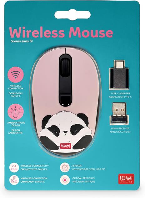 Legami - Mouse Wireless con Ricevitore USB Ultra Compatto, Tema Panda, 3 Opzioni di Velocità, Materiale ABS - 4