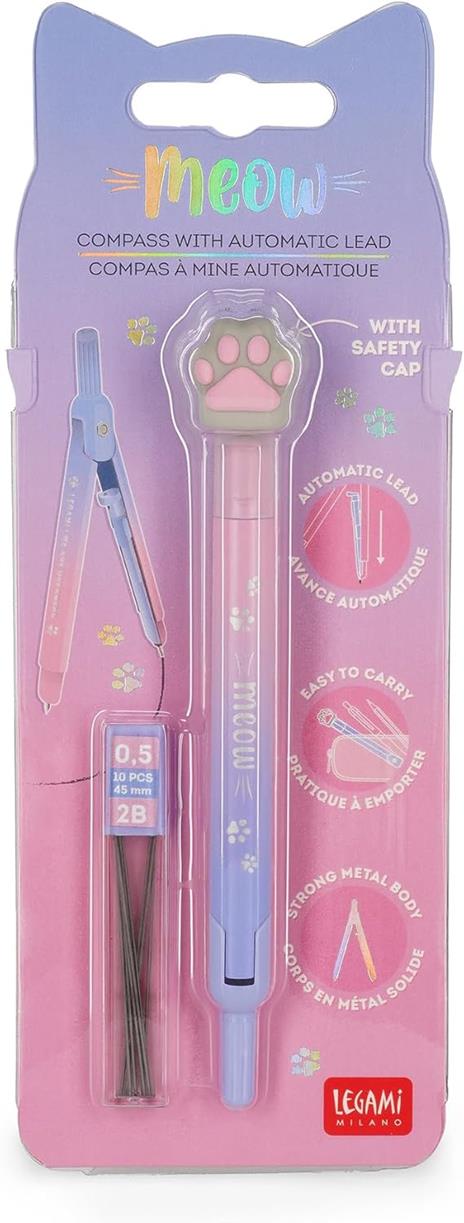 Legami - Compasso con Mina Automatica, Tema Kitty, 10 Mine 0,5 mm con 2B incluse, max Diametro 30 cm, Compatto - 6